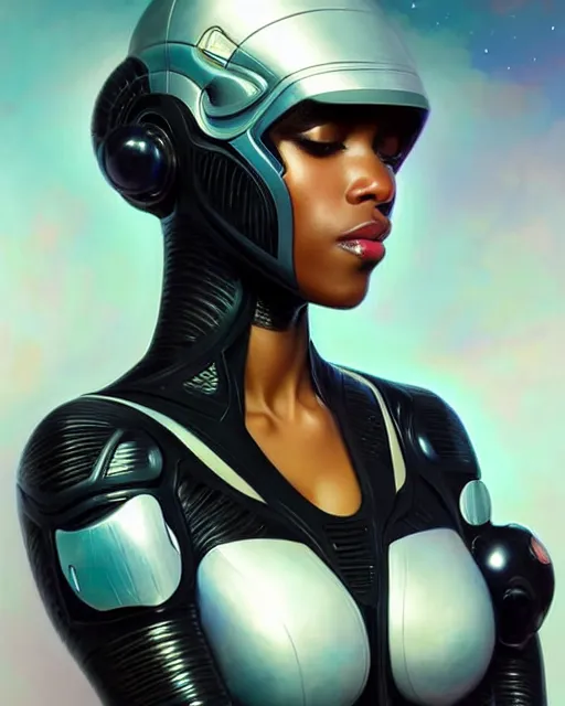 Image similar to Portrait of very very very very very very beautiful black woman, spacesuit, futuristic cybernetic helmet, blue eyes, real life skin, intricate, elegant, highly detailed, artstation, concept art, smooth, sharp focus, art by artgerm and greg rutkowski and alphonse mucha