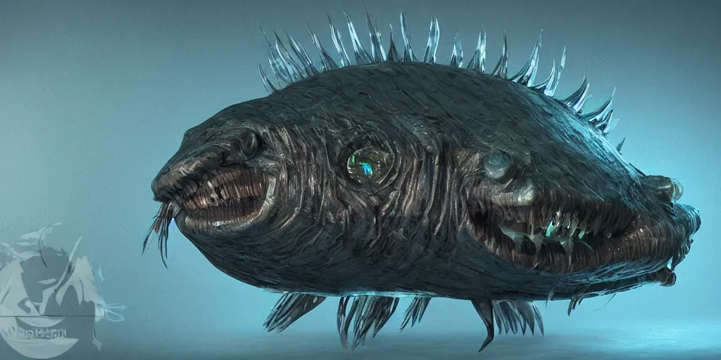 Image similar to angler fish, stylized layered textures, long flowing fins, bioluminescent orbs, 3 d render, substance painter, glowing eye, smooth, sharp focus, art by h r giger