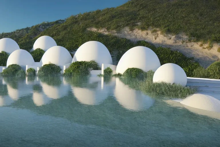 Image similar to the white buildings of palais bulles, which are formed by the intersection of many white egg shaped spherical spaces, are on the calm lake surface, human perspective, future, interior wood, marble, award winning, highly detailed 4 k art, dusk, unreal engine highly rendered, global illumination, radial light, internal environment