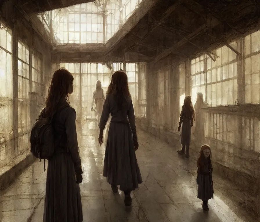 Prompt: long hallway interior | queue of tired people | sadie sink in oversized school uniform. concept art. by greg rutkowski, greg staples, gustave courbet, rosa bonheur, noah bradley. sharp focus, cinematic atmosphere, detailed and intricate, perfect anatomy