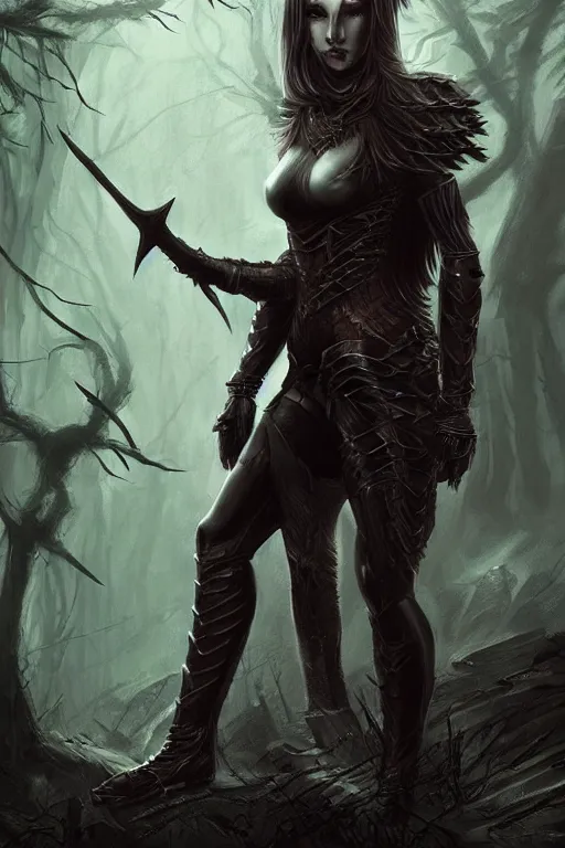 Image similar to dramatic dark forest scenery, girl with sharp fangs in hide leather armor, high fantasy concept art, poster