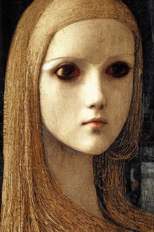 Image similar to a close - up portrait of a cyberpunk cyborg girl, by leonardo davinci, rule of thirds