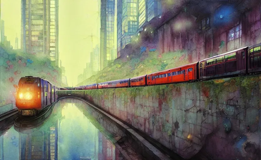 Image similar to an urban train rides inside of a waterway on a fantasy city. intricate, amazing composition, colorful watercolor, by ruan jia, by maxfield parrish, by marc simonetti, by hikari shimoda, by robert hubert, by zhang kechun, illustration, gloomy