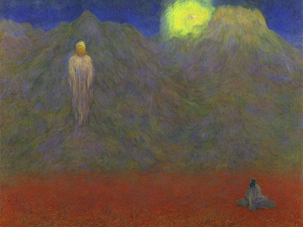 Image similar to man in white beekeeper suit looking at the psychedelics dream mothership over the sacred mountains. painting by mikalojus konstantinas ciurlionis, monet, bosch, wayne barlowe, agnes pelton, rene magritte