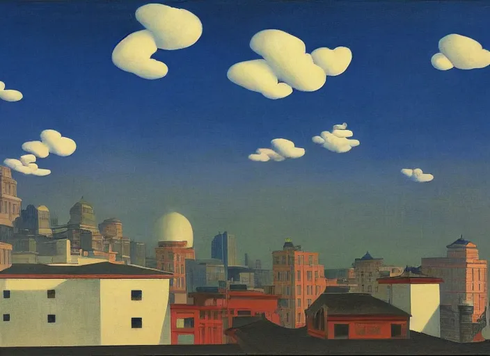 Image similar to old asian city, clouds, bird, open ceiling, strange foreign objects, oil painting by edward hopper, chirico and rene magritte