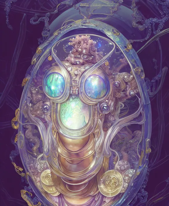 Image similar to intricate ornate opulent transparent clear see - through crystal portrait of a gundam beautiful male alien sea slug, mottled coloring, adorable, childlike, overgrown jungle environment, ultra realistic, concept art, art nouveau, photorealistic, octane render, 8 k, unreal engine. art by christopher marley and artgerm and greg rutkowski and alphonse mucha