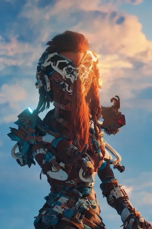 Image similar to combination suit armor aloy horizon forbidden west horizon zero dawn robot ninja mask helmet backpack tribal, aesthetic octane render, 8 k hd resolution, by ilya kuvshinov and cushart krentz and gilleard james radiating a glowing aura cgi rtx 2 0 2 2