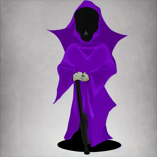 Image similar to grim reaper, purple cloak, full body