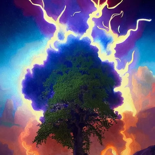Image similar to A photo of the burning bush, fire from sky, blue lightnings, dramatic purple thunders, golden meteors, dramatic shadows, powerful photo, magic, dramatic lighting, intricate, wild, highly detailed, digital painting, artstation, concept art, smooth, sharp focus, illustration, art by artgerm and greg rutkowski and alphonse mucha, footage
