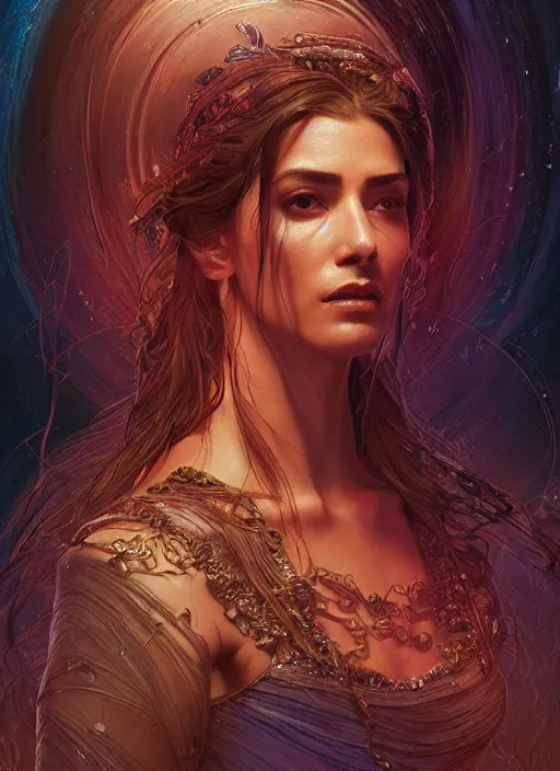 Image similar to altered carbon, Maya Ali as a sorceress, side view, tarot, sweat drops, fibonacci, insane, prismatic, intricate, highly detailed, digital painting, artstation, concept art, smooth, sharp focus, illustration, Unreal Engine 5, 8K, art by artgerm and greg rutkowski and alphonse mucha