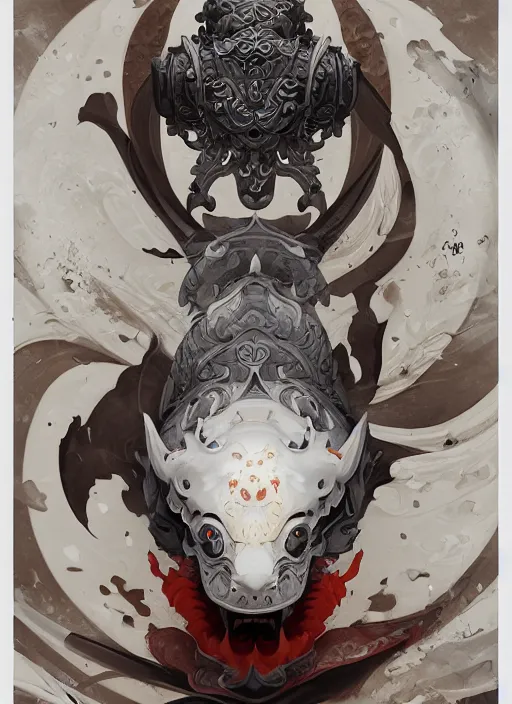 Image similar to subsurface scattering, white, koi, samurai deity with koi armor, art nouveau swirls, octane render, by jesper ejsing, james jean, justin gerard, tomasz alen kopera, cgsociety and fenghua zhong, highly detailed, rim light, cinematic lighting, art, very coherent, cinematic, hyper realism, high detail, 8 k