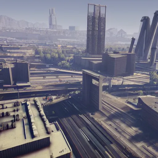 Prompt: a dystopia soviet brutalist city background for grand theft auto 5 loading screen, very detailed, high quality photo, designed by zaha hadid, sculped by Norman foster