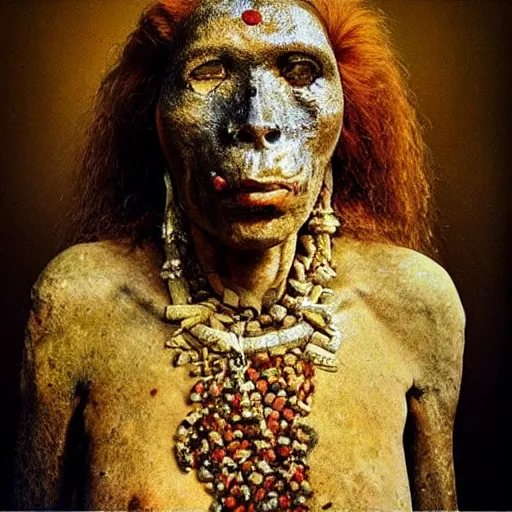 Image similar to “ surrealistic full body photo of a very primitive pre-human Neanderthal woman jewel melted in a meatball gold jewel like a mitological temple with smeralds and diamonds , anthropology photography, color kodakcrhome 64,National Geographic ”