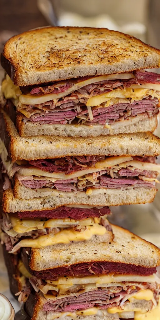 Image similar to a photograph of a rueben tower sandwich filled with so much 4 lbs of cornbeef roasted meat that the sandwich, it looks mouth watering with melting cheeses and grilled onions, 1 0 0 0 island dressing and pumpernickle bread cooked to perfection, food photography