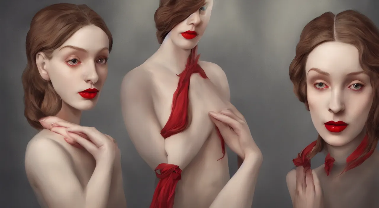 Image similar to a matte painting of Female character, pale skin, 27, red lips, Ukrainian traditional clothes, herring motive by Frank Lloyd Wright and Zaha Hadid torch volume light stylized illustration digital airbrush painting, 3d rim light, hyperrealistic masterpiece, artstation, cgsociety, kodakchrome, golden ratio