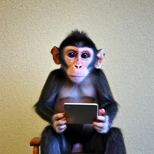 Image similar to photo of a monkey sitting in a chair holding an iPad, highly detailed, high quality, HD, 4k, 8k, Canon 300mm, professional photographer, 40mp, lifelike, top-rated, award winning, realistic, sharp, no blur, edited