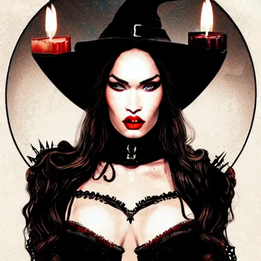 Image similar to megan fox witch queen, black eyes, blood, full body, intricate victorian dress, symmetrical eyes, rafael albuquerque, frank frazetta, moody lighting, candles