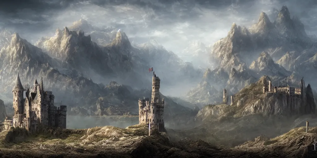 Prompt: matte painting, castle, dramatic landscape