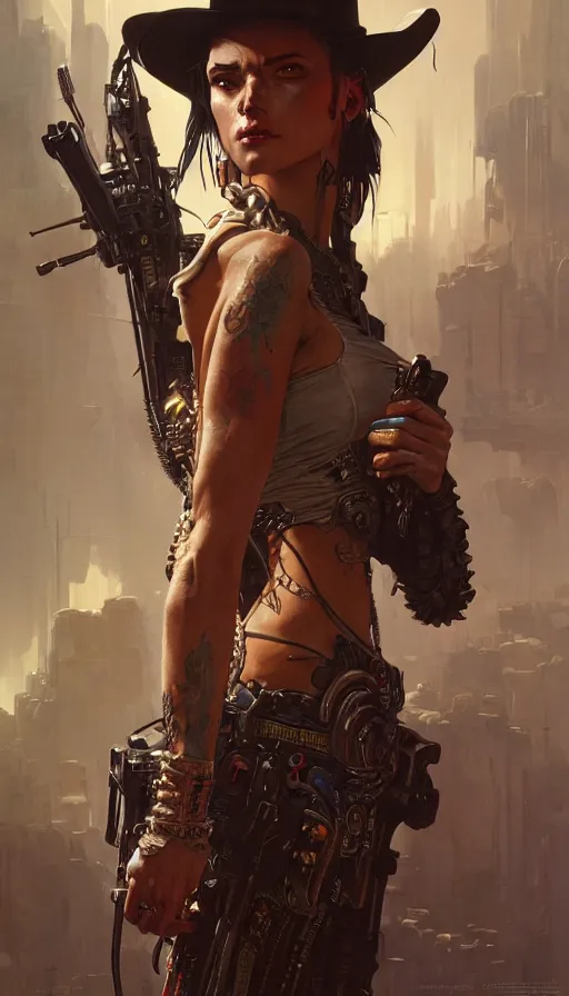 Image similar to cyberpunk western, insane, intricate, highly detailed, digital painting, artstation, concept art, smooth, sharp focus, illustration, Unreal Engine 5, 8K, art by artgerm and greg rutkowski and alphonse mucha