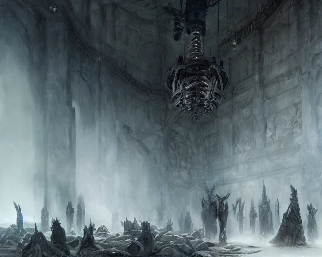 Image similar to king of the wolves - fantasy, inside the king's hall wolves and their treasures, ethereal, ominous, misty, 8 k, by h. r. giger and greg rutkowski