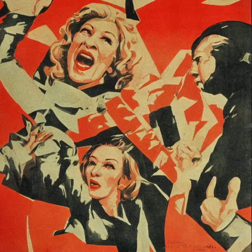 Image similar to soviet propaganda poster with cate blanchett calling on the world community to fight against Nazism, Ultra Detailed, high resolution, soviet realism