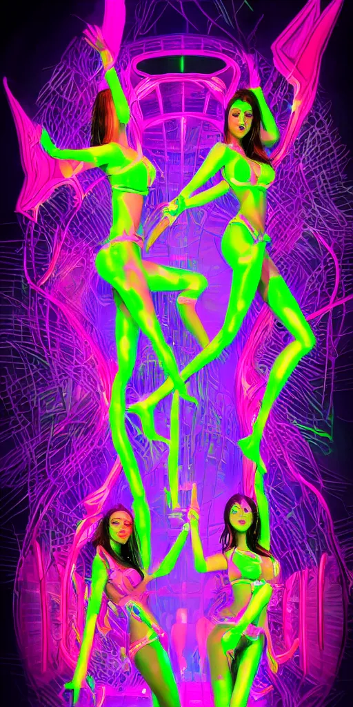 Image similar to fully clothed exotic pole dancers wearing neon bikinis, blacklight glowing, in a futuristic night club in neo Dubai, detailed beautiful artwork by Artgerm and Dale Keown, featured artstation, cgsociety, behance hd