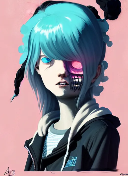 Prompt: highly detailed portrait of a city punk lady student, blue eyes, hoodie, white hair by atey ghailan, by greg rutkowski, by greg tocchini, by james gilleard, by joe fenton, by kaethe butcher, gradient cyan, black, brown and pink color scheme, grunge aesthetic!!! ( ( graffiti tag wall background ) )