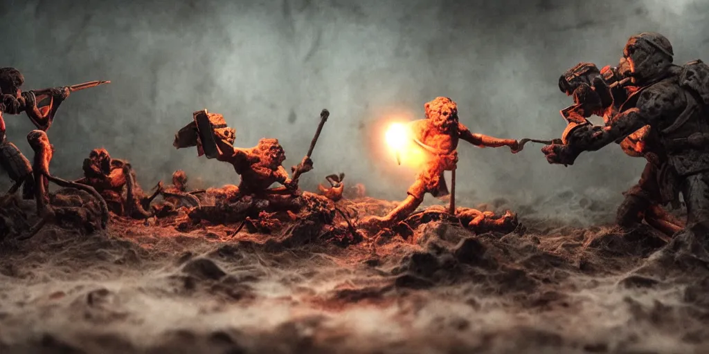 Image similar to the war between worlds extremely detailed claymation art, dark, moody, foggy