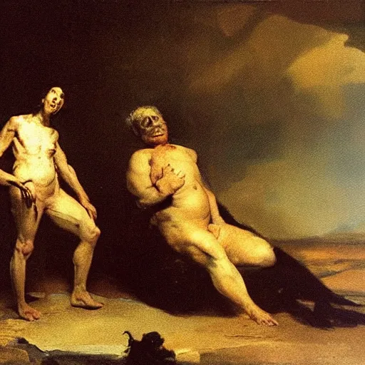 Prompt: you, there. look at you. look at me. misery and suffering, are all that await us. were we not here, it would not change. detailed oil painting by beksinsky and goya
