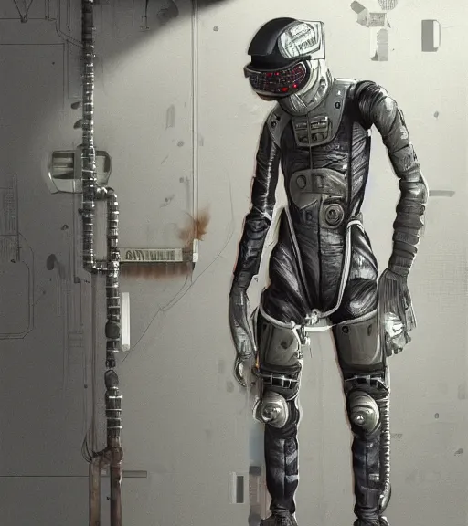 Image similar to realistic cyberpunk japanese engineer with long limbs and a black spacesuit welding a wall, techwear, dead space, visible face, Industrial Scifi, detailed illustration, character portrait, by Martin Grip and Moebius