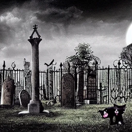 Prompt: A movie still photograph from a Tim Burton movie with a cat and a graveyard looking surreal