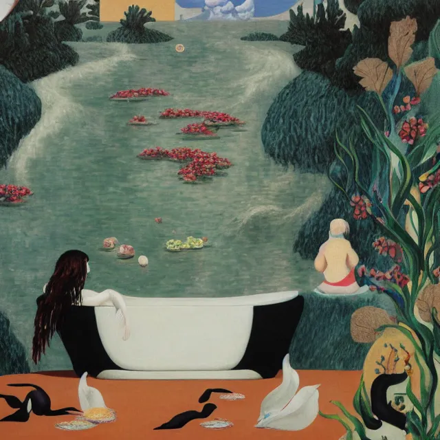 Image similar to female emo art student in her bath, painting of flood waters inside an artist's feminine bathroom, a river flooding indoors, pomegranates, pigs, ikebana, water, octopus, river, rapids, waterfall, black swans, canoe, berries, acrylic on canvas, surrealist, by magritte and monet