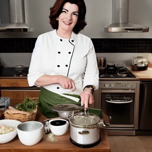 Prompt: nigella lawson cooking a meal in the kitchen