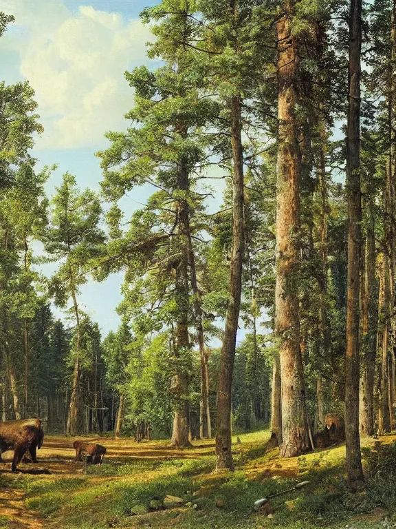 Image similar to Ivan Shishkin painting of a beautiful burger as a wild animal hiding at forest, beautiful lighting, sunny, summer, painting Ivan Shishkin