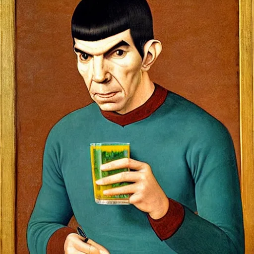 Image similar to portrait of spock drinking a tropical beverage, painting by leonardo da vinci