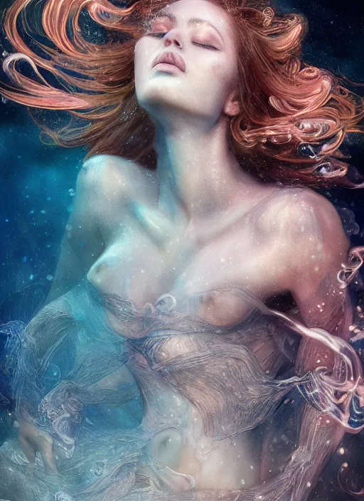 Prompt: an underwater photographic portrait of a woman created out of starlight and smoke, cinematic, volumetric lighting, beautiful fantasy, intricate, elegant, highly detailed, digital painting, artstation, concept art, smooth, sharp focus, illustration, art by ayami kojima, artgerm and h r giger and alphonse mucha