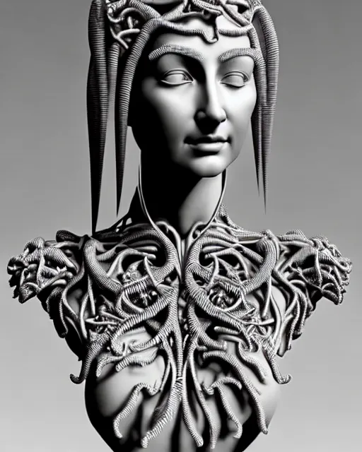 Image similar to bw 3 d render of a beautiful young female queen - cyborg - vegetal, intricate fractal ornament in the bust with a very long neck, elegant, highly detailed intricate rococo ornament in her silver long hair, realistic, refined, highly detailed, cinematic outdoor lighting, by flora borsi in the style of dora maar, volumetric lighting, hyper realistic photography