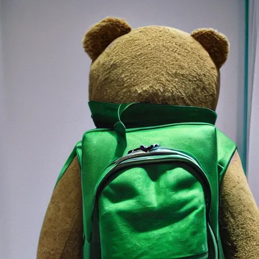 Image similar to big realistic bear standing on two legs, wearing big green bag backpack at his back, photo realistic, high detail, smooth