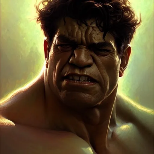 Prompt: A portrait of the Hulk, fantasy, intricate, elegant, highly detailed, digital painting, artstation, concept art, smooth, sharp focus, illustration, art by Krenz Cushart and Artem Demura and alphonse mucha