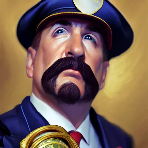 Image similar to mario as a wealthy cruise captain portrait, detailed, centered, digital painting, artstation, concept art, donato giancola, joseph christian leyendecker, wlop, boris vallejo, breathtaking, 8 k resolution, extremely detailed, beautiful, establishing shot, artistic, hyperrealistic, beautiful face, octane render, cinematic lighting, dramatic lighting, masterpiece