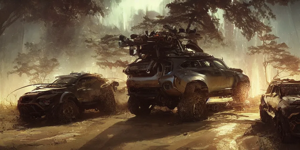 Prompt: a beautiful concept offroad suv, an epic fantasy, dramatic lighting, cinematic, establishing shot, extremely high detail, photorealistic, cinematic lighting, artstation, by cory loftis, ryohei hase, ismail inceoglu and ruan jia, midsommar