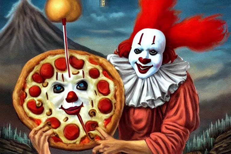 Prompt: pennywise as pulcinella!!! holding a large pizza!!, volcano in background, dark sky, smoke, glowing pools of lava, an ultrafine detailed painting by joe fenton, full body, wide angle, post - apocalyptic vibe, pop surrealism, sharp focus, whimsical, lowbrow, perfect symmetrical face, masterpiece, hyperrealistic, trending on deviantart