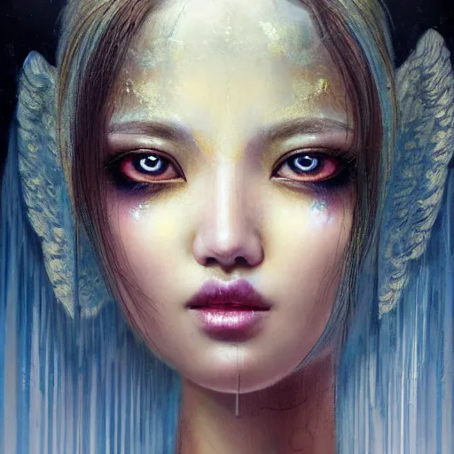 Prompt: an angel portrait of Crystal Liu , tall, fair skin, and slender with pale golden eyes and long eyelashes by Stanley Artgerm,Tom Bagshaw,arthur adams, Carne Griffiths, trending on Deviant Art,street art,face enhance,chillwave,maximalist,full of color, glittering