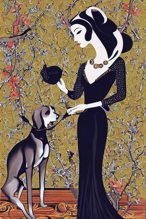 Prompt: beautiful painted woman fashion with dog on leash oil painting by Erte