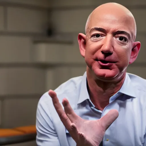 Prompt: Jeff bezos in prison sitting on the toilet, the walls are pink