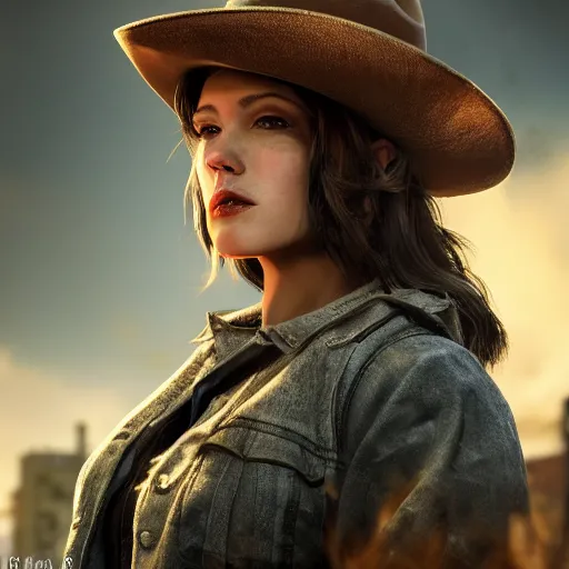 Prompt: fallout 5, charismatic beautiful, rugged, brunette female protagonist wearing a cowboy - hat, portrait, outdoors ruined cityscape, atmospheric lighting, painted, intricate, volumetric lighting, beautiful, daytime, clear weather, winter, sharp focus, deep colours, ultra detailed, by leesha hannigan, ross tran, thierry doizon, kai carpenter, ignacio fernandez rios