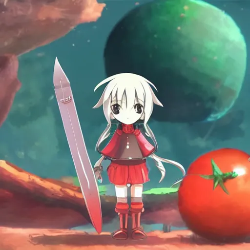 Image similar to cute android with tomato head and a carrot sword, made in abyss style