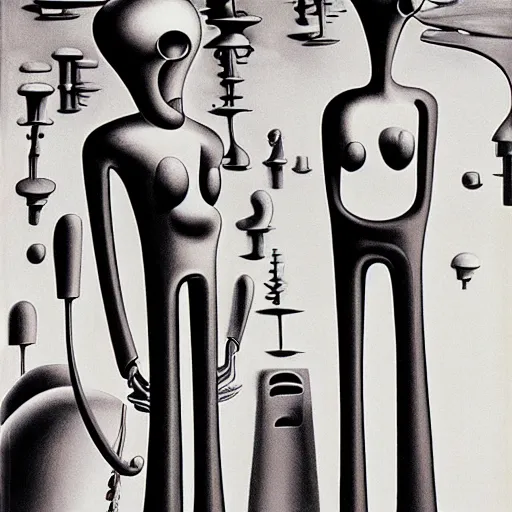 Image similar to Two extremely tall mechanical beings in a deep conversation. Temple of the new gods. Dali. Yves Tanguy.