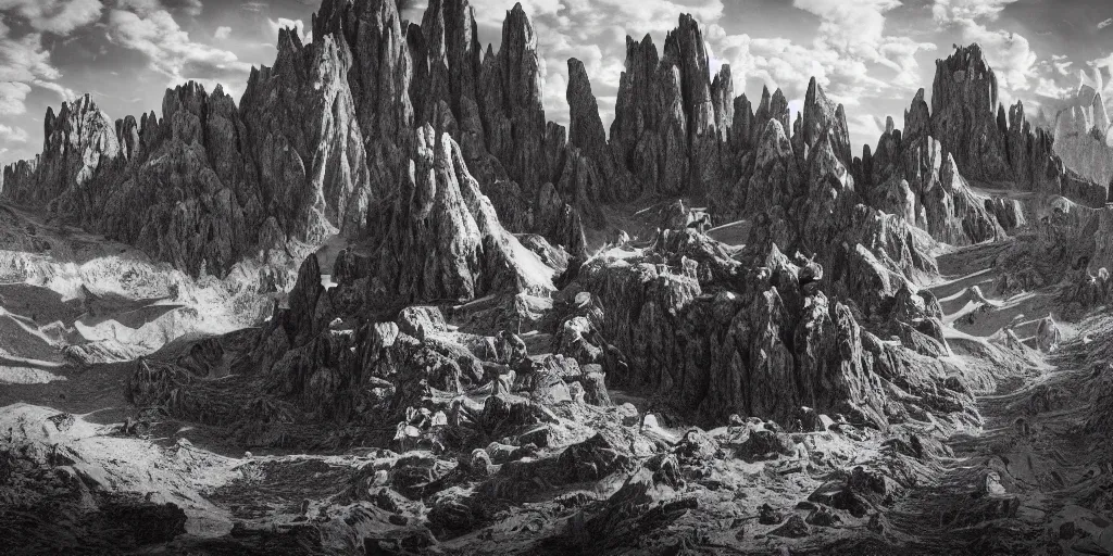 Prompt: photography of witch burning, dolomites in the background, occult signs, witch burning, pyre, solstice fire, alp, dolomites, alpine, detailed intricate insanely detailed octane render, 8k artistic 1920s photography, photorealistic, black and white, chiaroscuro, hd, by David Cronenberg, Raphael, Caravaggio