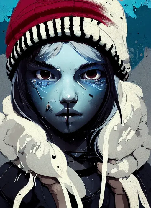 Prompt: highly detailed closeup portrait of a sewer punk lady student, beanie, tartan hoodie, white hair by atey ghailan, by greg rutkowski, by greg tocchini, by james gilleard, by joe fenton, by kaethe butcher, gradient, blue, black, brown and cream color scheme, grunge aesthetic!!! white graffiti tag wall background